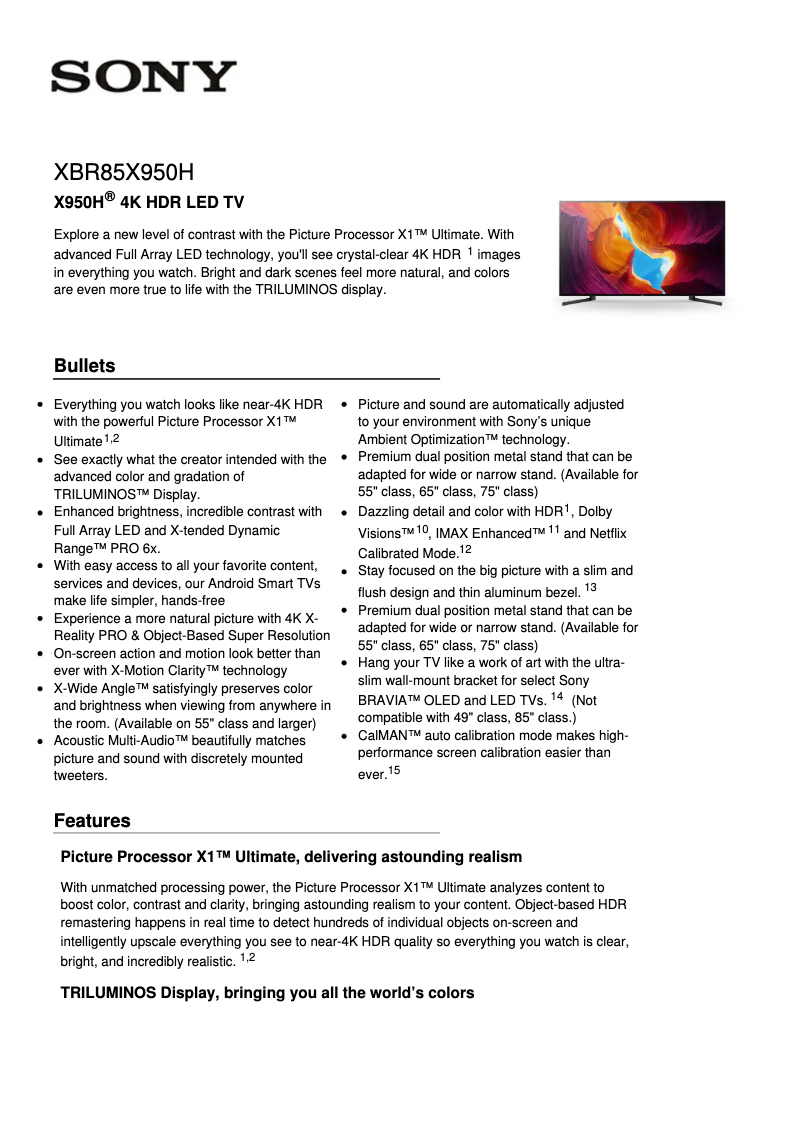 Page 1 de la notice Fiche technique Sony XBR85X950H