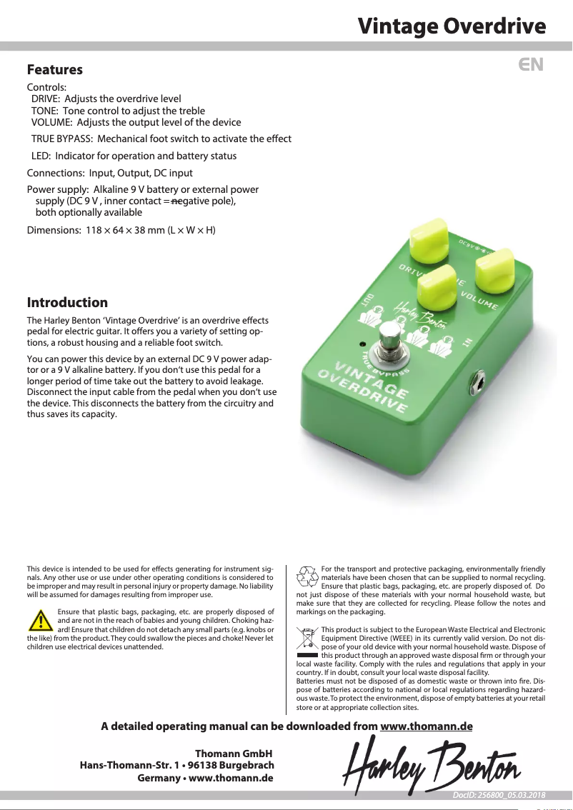 Page 1 de la notice Fiche technique Harley Benton Vintage Overdrive