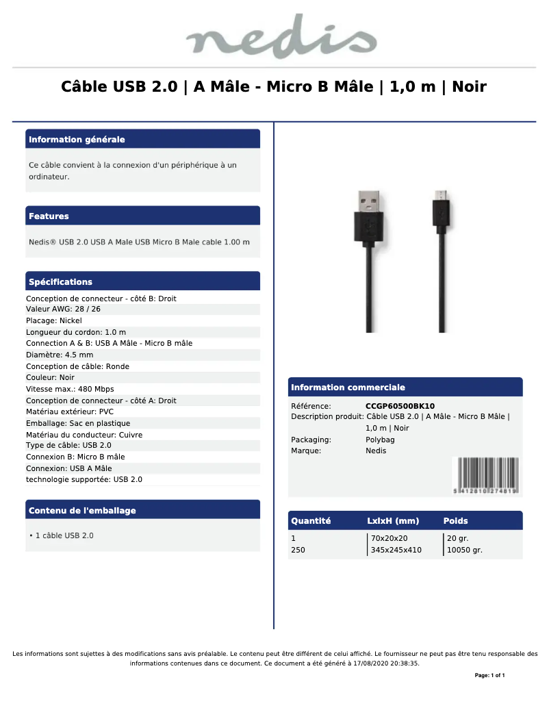 Page 1 de la notice Manuel utilisateur Nedis CCGP60500BK10