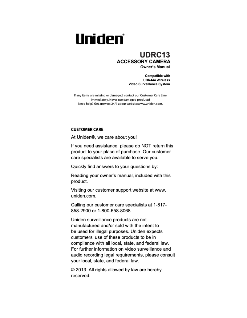Page 1 de la notice Manuel utilisateur Uniden UDRC13