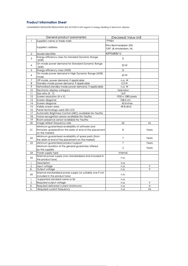 Page 1 de la notice Fiche technique Philips 43PFS6808