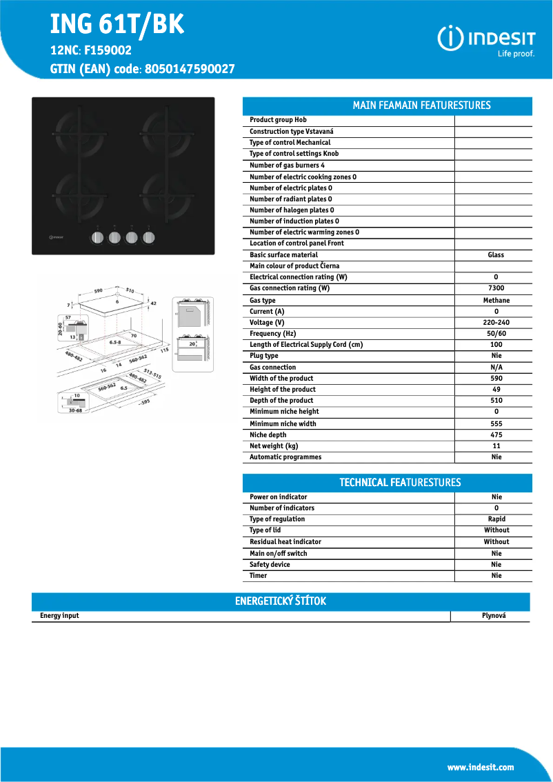 Page n°1 - Fiche technique Indesit ING 61T/BK