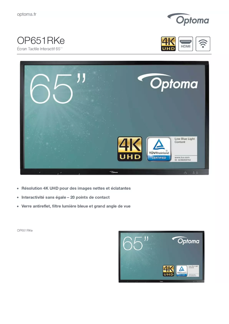 Page 1 de la notice Fiche technique Optoma OP651RKe