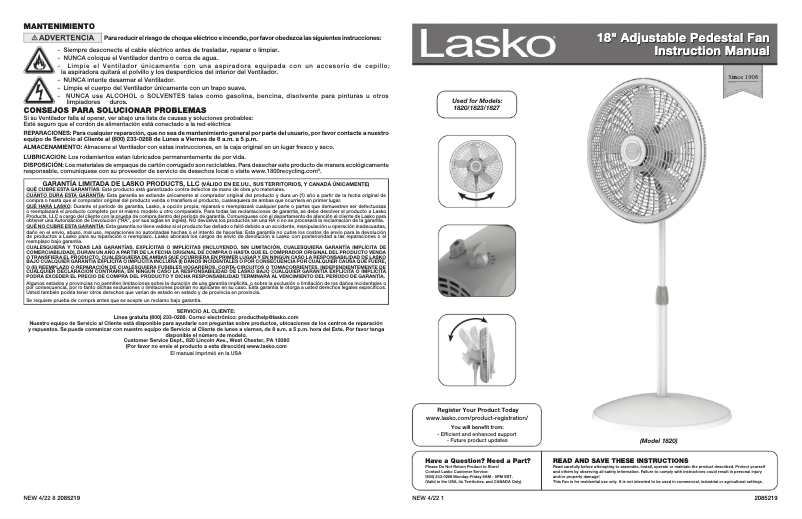 Page 1 de la notice Manuel utilisateur Lasko Adjustable Cyclone 1823