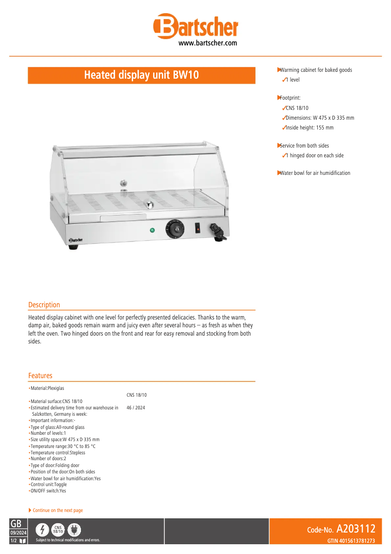 Page n°1 - Fiche technique Bartscher BW10
