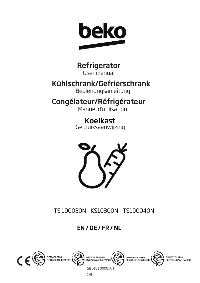 Page 1 de la notice Manuel utilisateur Beko TS190040N