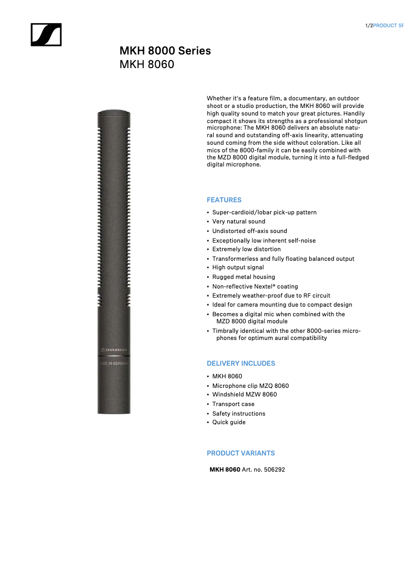 Page 1 de la notice Fiche technique Sennheiser MKH 8060