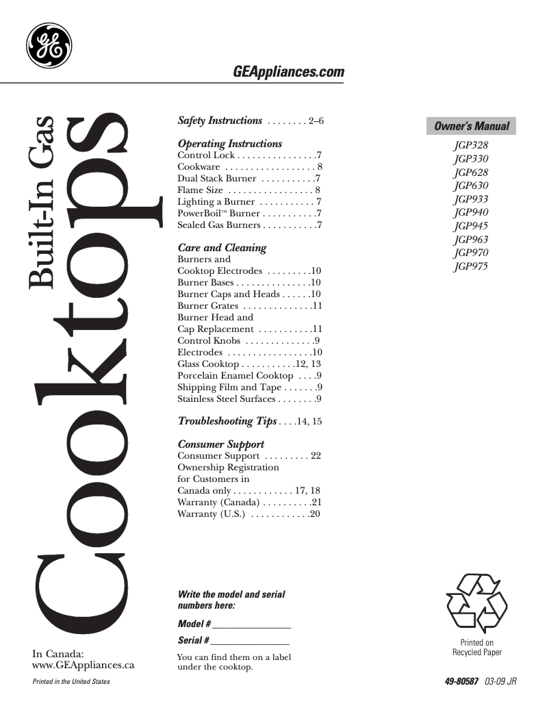 First page image of the manual for Profile JGP933WEKWW