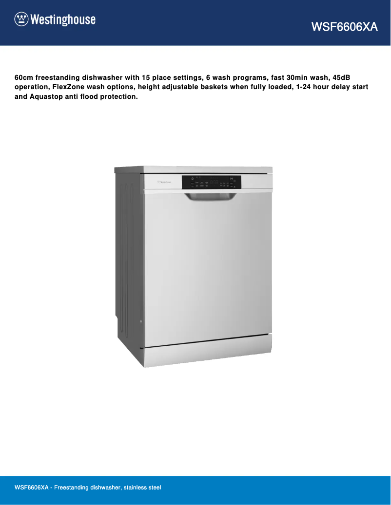Page 1 de la notice Fiche technique Westinghouse WSF6606XA
