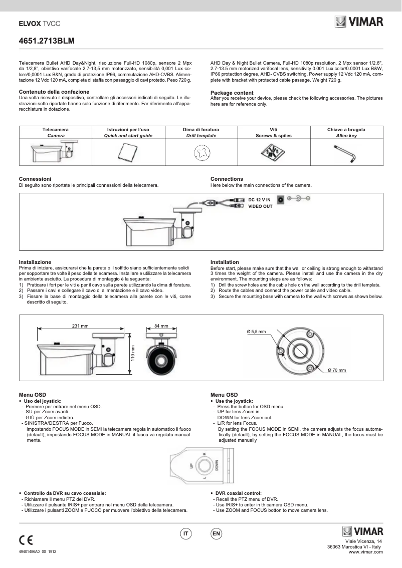 Page 1 de la notice Manuel utilisateur Vimar ELVOX 4651.2713BLM