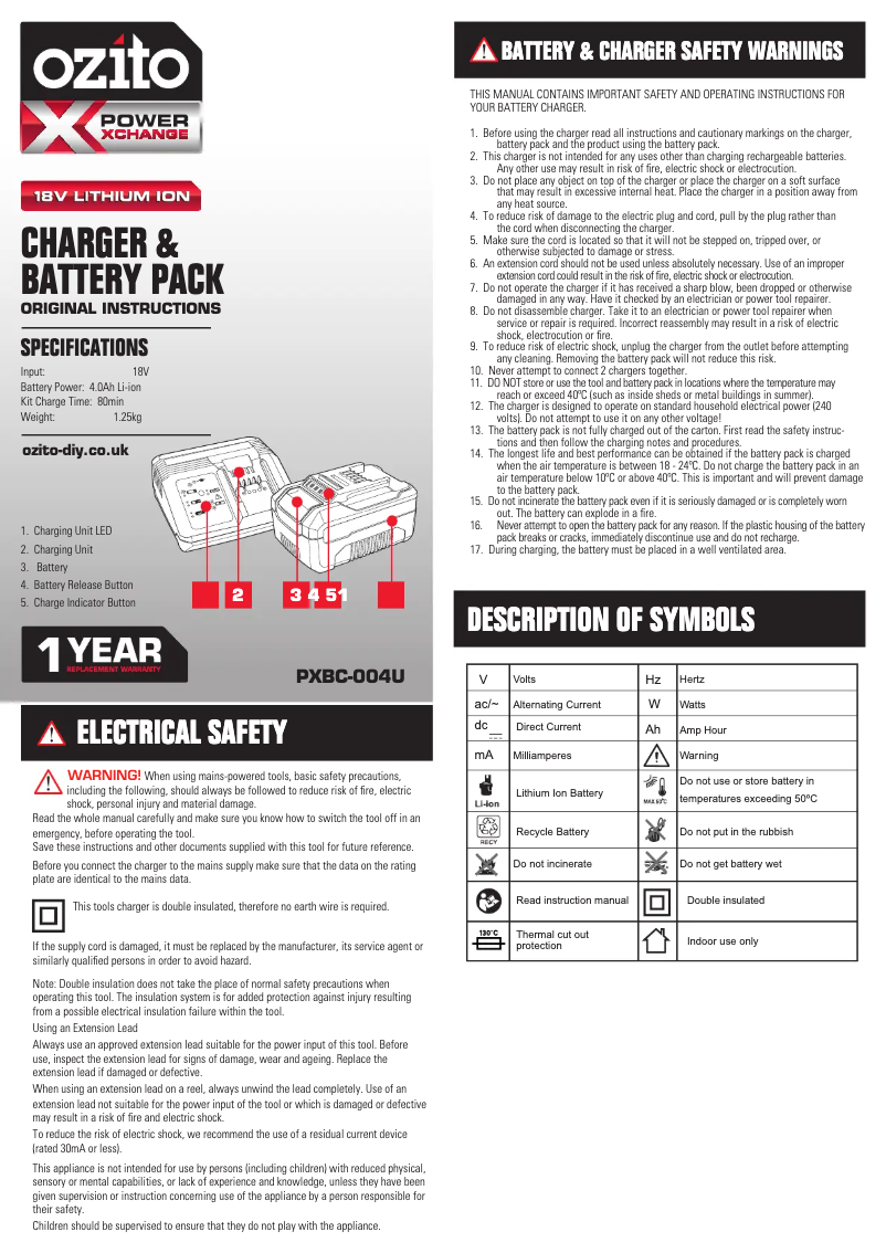 Page 1 de la notice Manuel utilisateur Ozito PXBC-004U