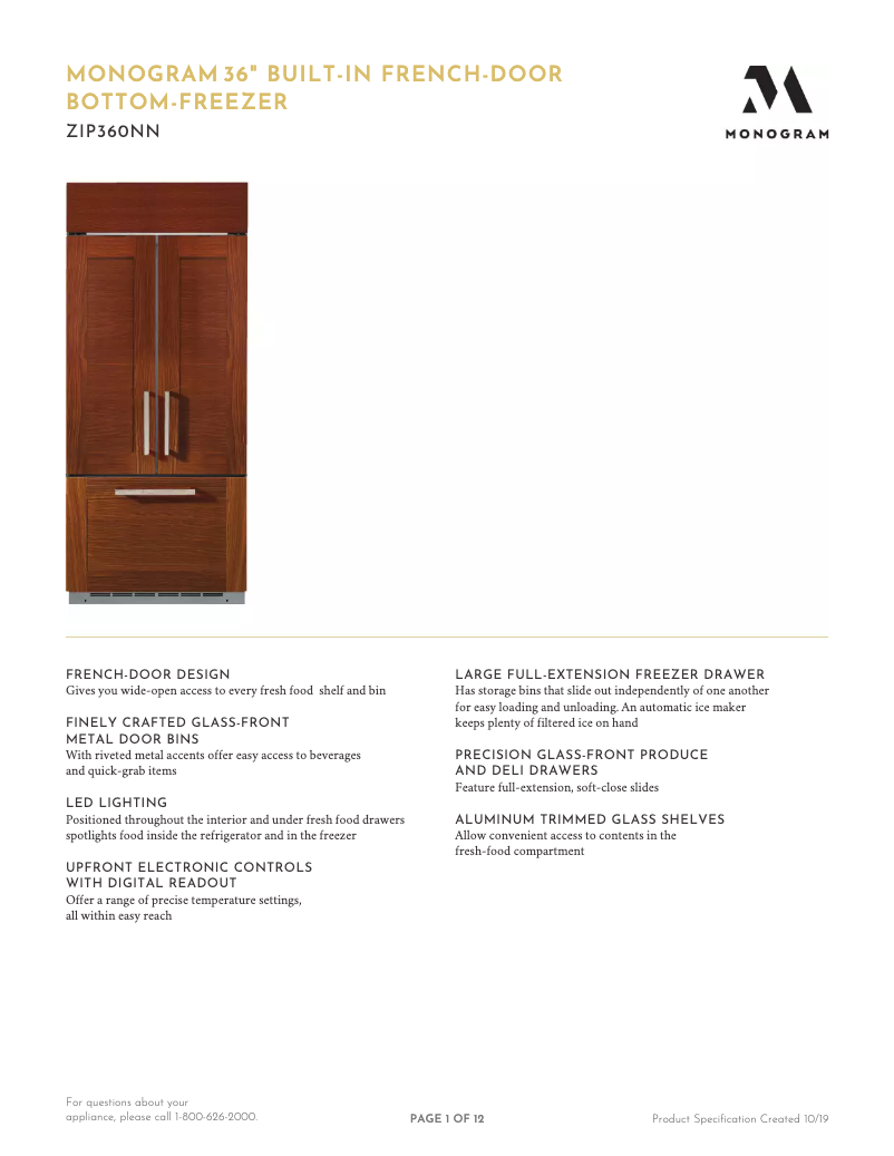 Page 1 de la notice Fiche technique Monogram ZIP360NN