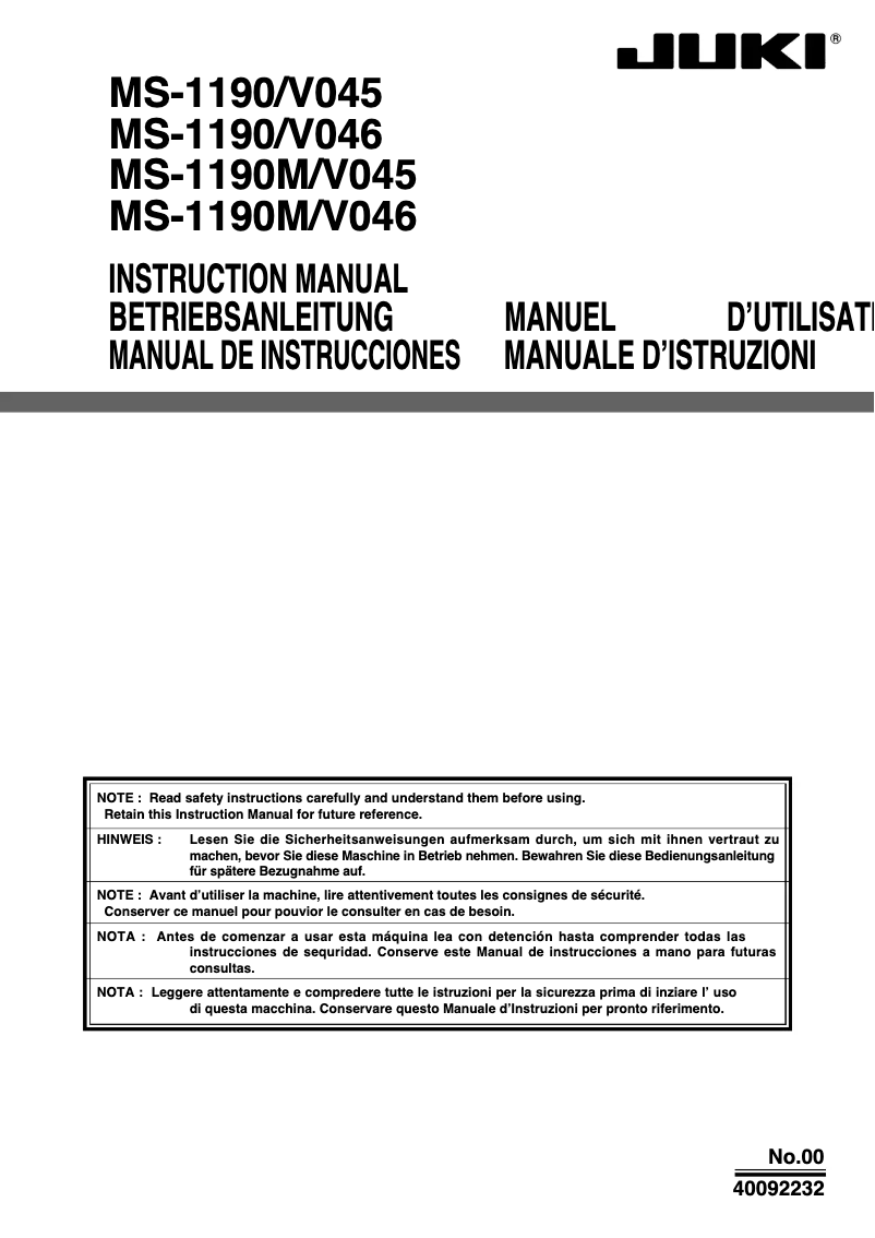 Page 1 de la notice Manuel utilisateur Juki MS-1190M