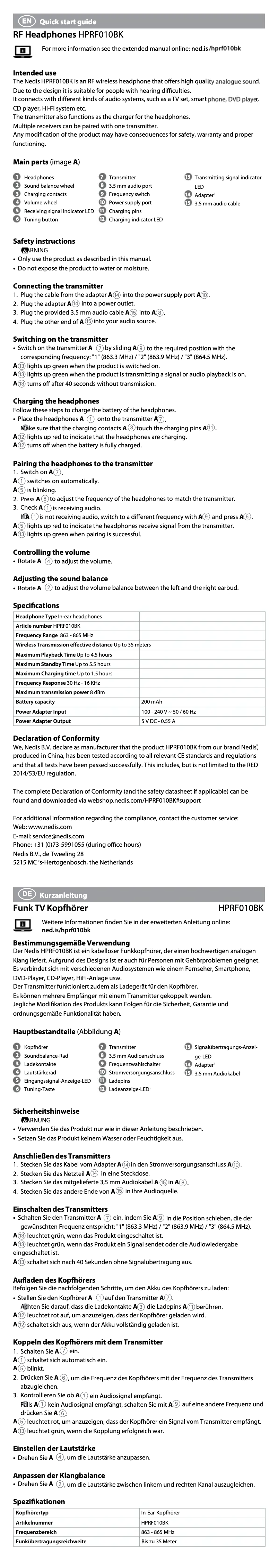 Page 1 de la notice Manuel utilisateur Nedis HPRF010BK