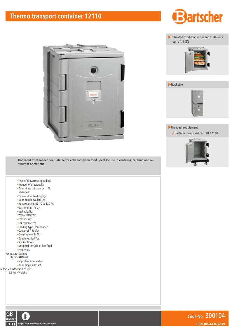 Page n°1 - Fiche technique Bartscher 300104