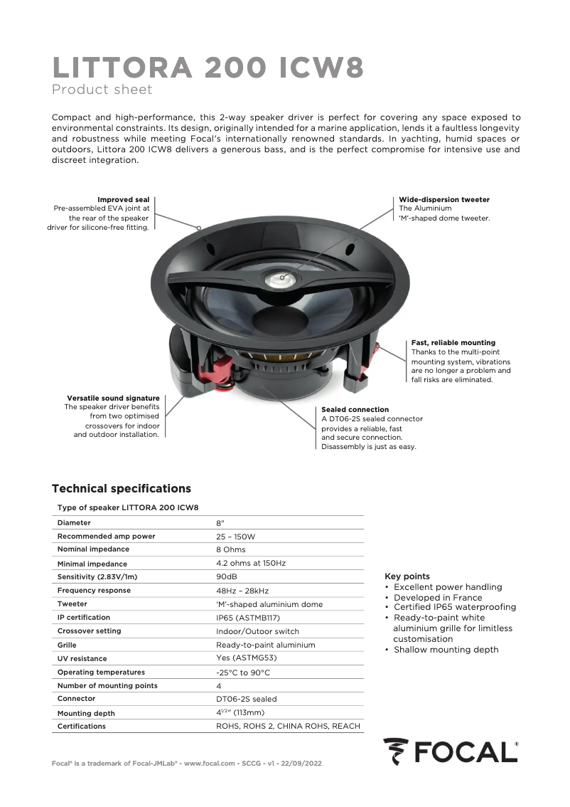 Page 1 de la notice Fiche technique Focal Littora 200 ICW 8
