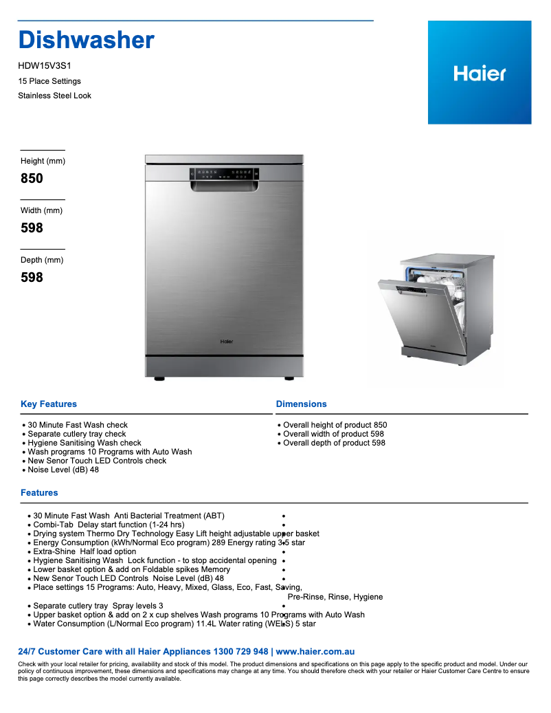Page n°1 - Fiche technique Haier HDW15V3S1