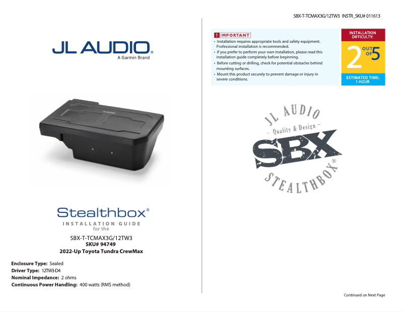 Page 1 de la notice Manuel utilisateur JL Audio Stealthbox SBX-T-TCMAX3G/10TW3
