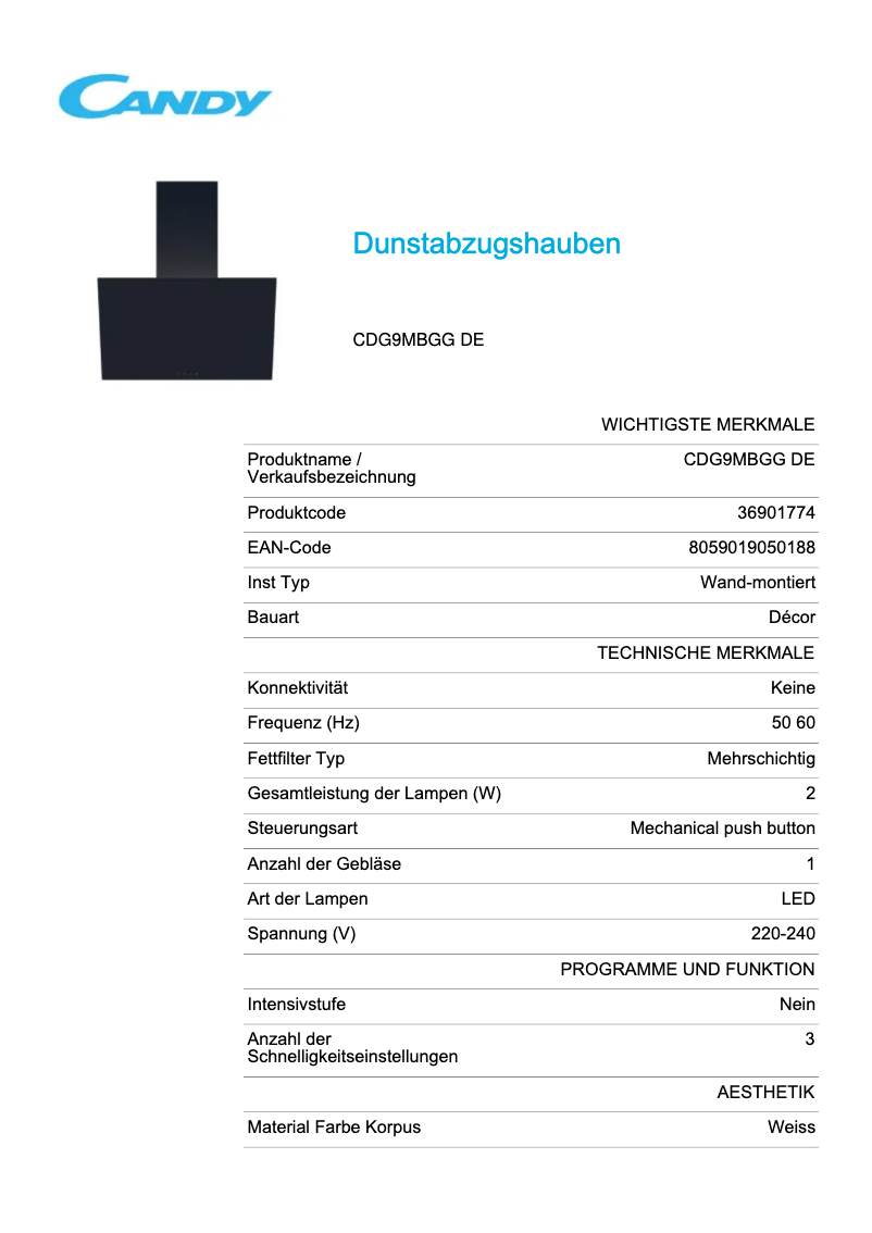 Page 1 de la notice Fiche technique Candy CDG9MBGG