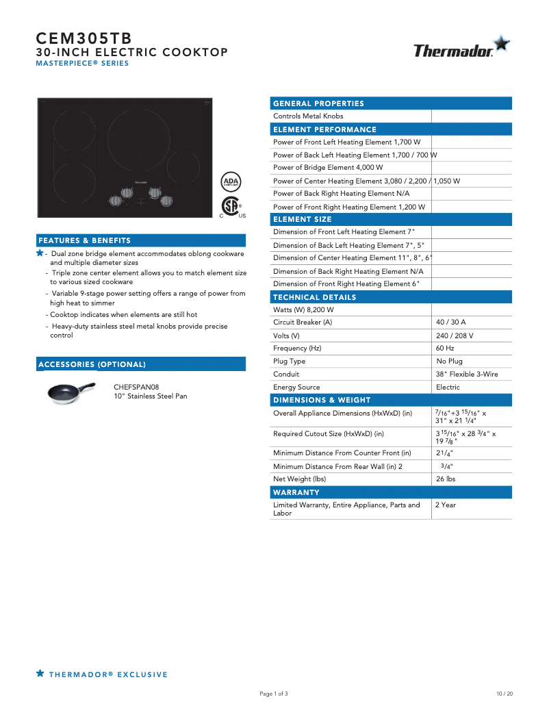 Page 1 de la notice Fiche technique Thermador Masterpiece CEM305TB