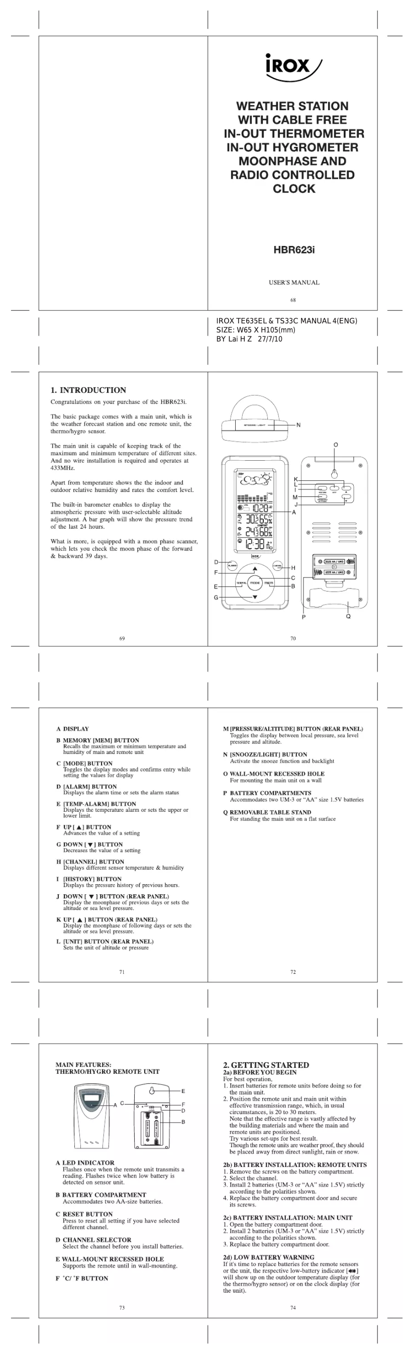 Page 1 de la notice Manuel utilisateur Irox HBR623i-W
