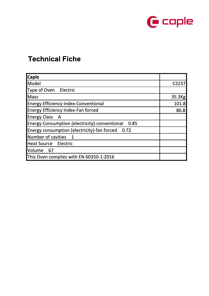 Page 1 de la notice Fiche technique Caple C2237