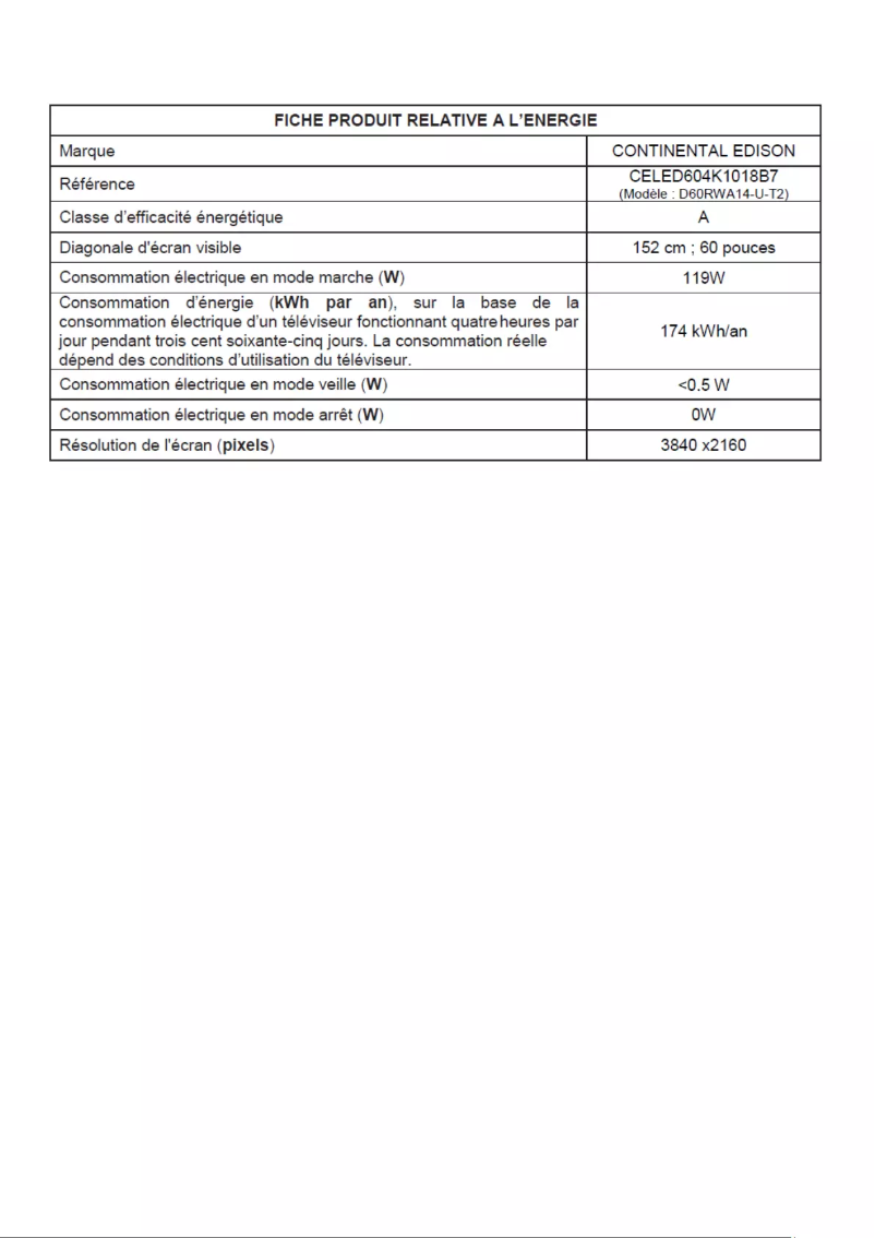 Page n°1 - Label énergétique Continental Edison CELED604K1018B7
