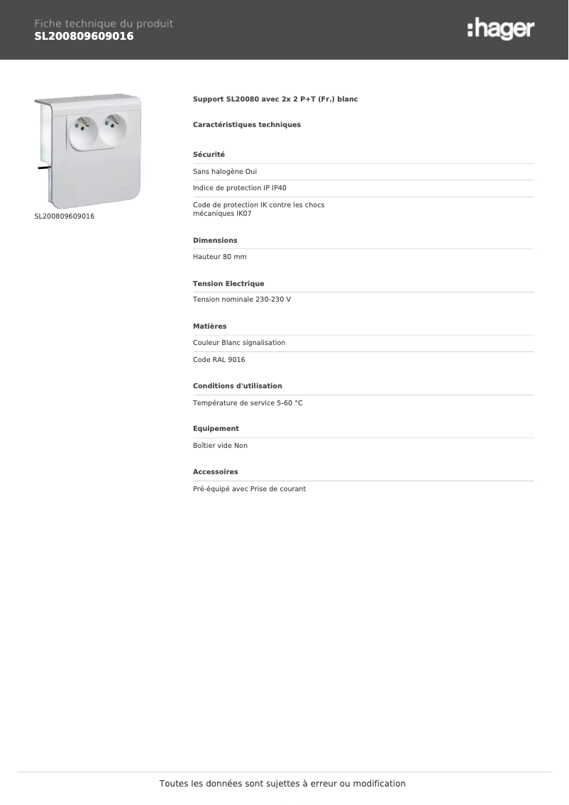 Page n°1 - Fiche technique Hager SL200809609016