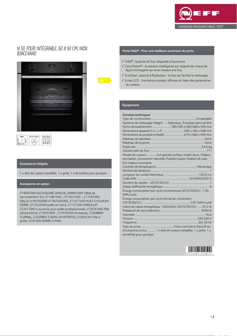 Page 1 de la notice Fiche technique Neff B3ACE4AN0