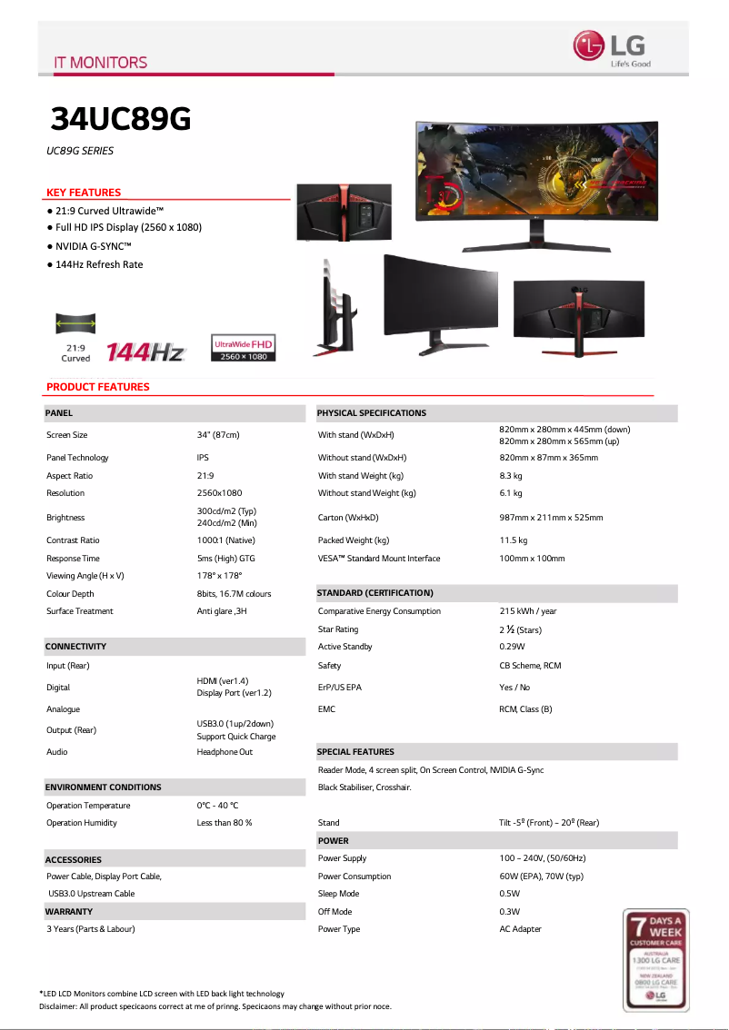 Page 1 de la notice Fiche technique LG 34UC89G-B