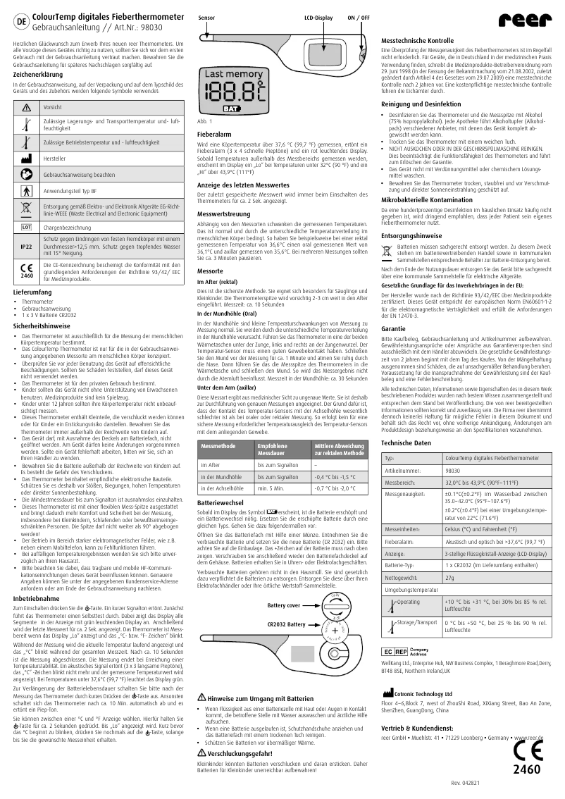 Page n°1 - Manuel utilisateur Reer ColourTemp 98030