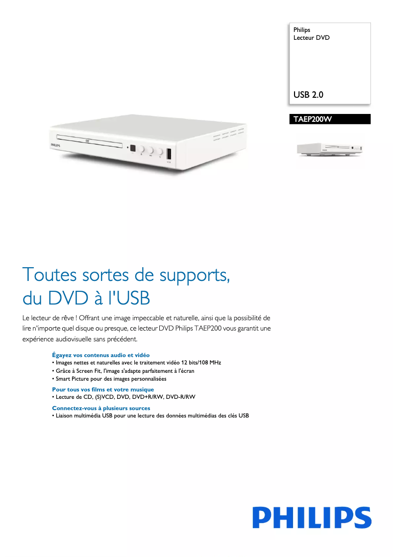 Page 1 of the manual Technical Sheet Philips TAEP200W