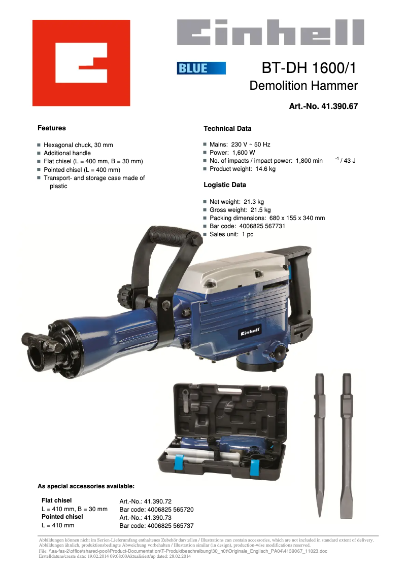 Page 1 de la notice Manuel utilisateur Einhell BT-DH 1600/1