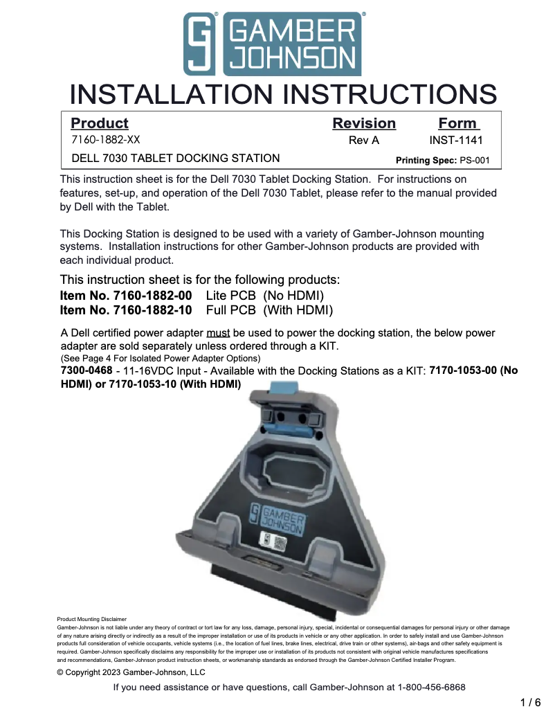 Page 1 de la notice Manuel utilisateur Gamber-Johnson 7160-1882-00