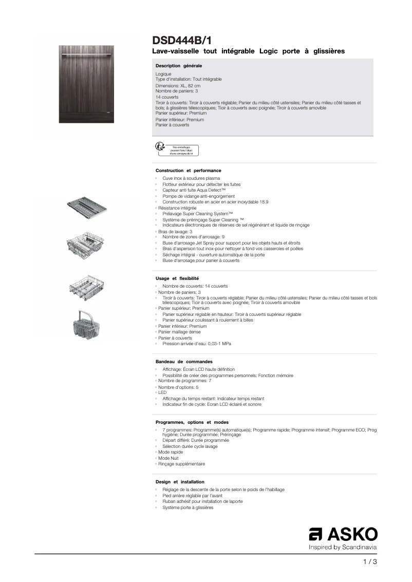 Page n°1 - Fiche technique Asko DSD444B/1