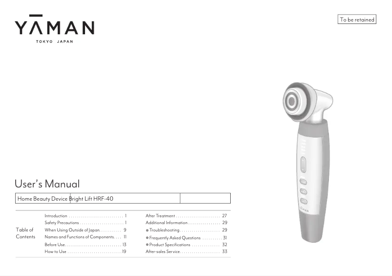 Page n°1 - Manuel utilisateur YA-MAN Bright Lift