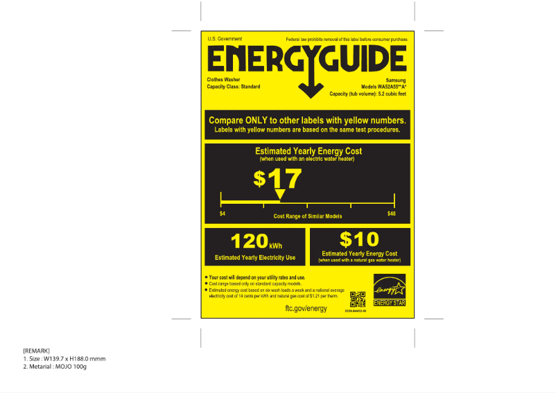 Page 1 de la notice Label énergétique Samsung WA52A5500AW
