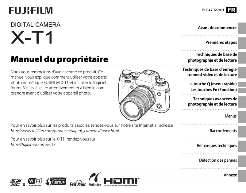 Page 1 de la notice Manuel utilisateur Fujifilm X-T1