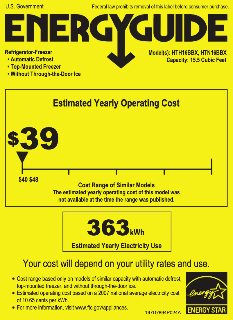 Page 1 de la notice Label énergétique Hotpoint HTH16BBXLWW