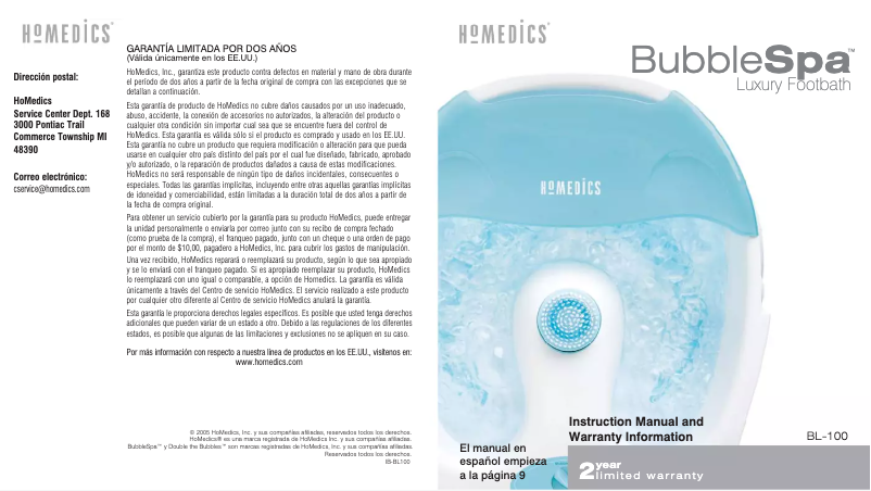 Page n°1 - Manuel utilisateur Homedics BubbleSpa BL-100