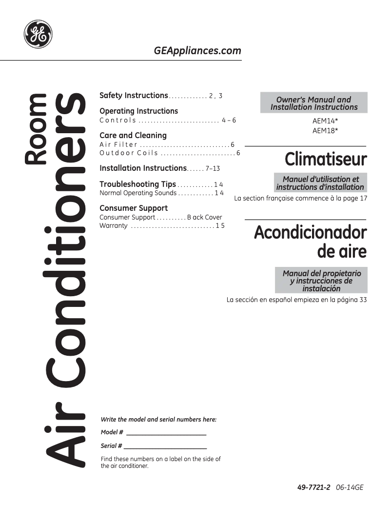 Page n°1 - Manuel utilisateur GE AEM14AT