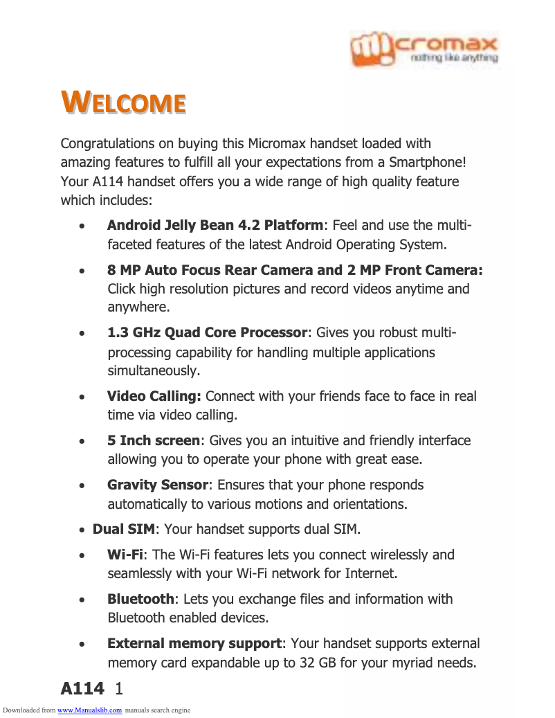 Page 1 de la notice Manuel utilisateur Micromax Canvas 2.2 A114