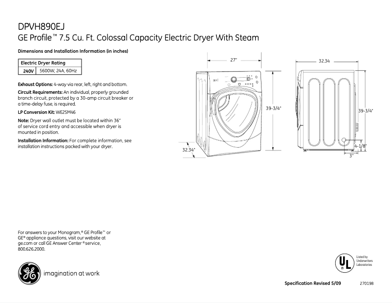 Page 1 de la notice Fiche technique GE Profile DPVH890EJMG