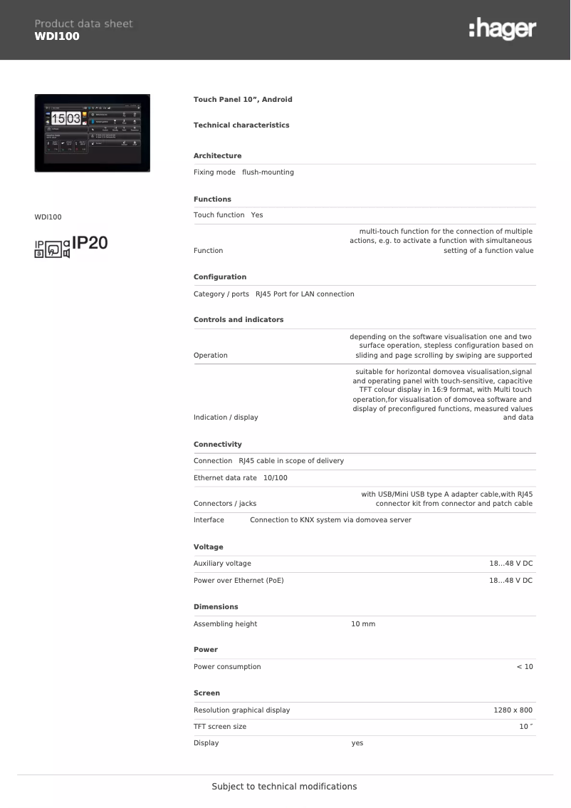 Page 1 de la notice Fiche technique Hager WDI100