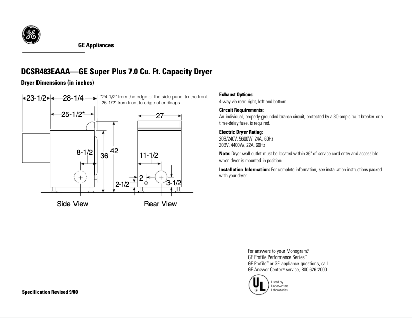 Page n°1 - Fiche technique GE DCSR483EAAA