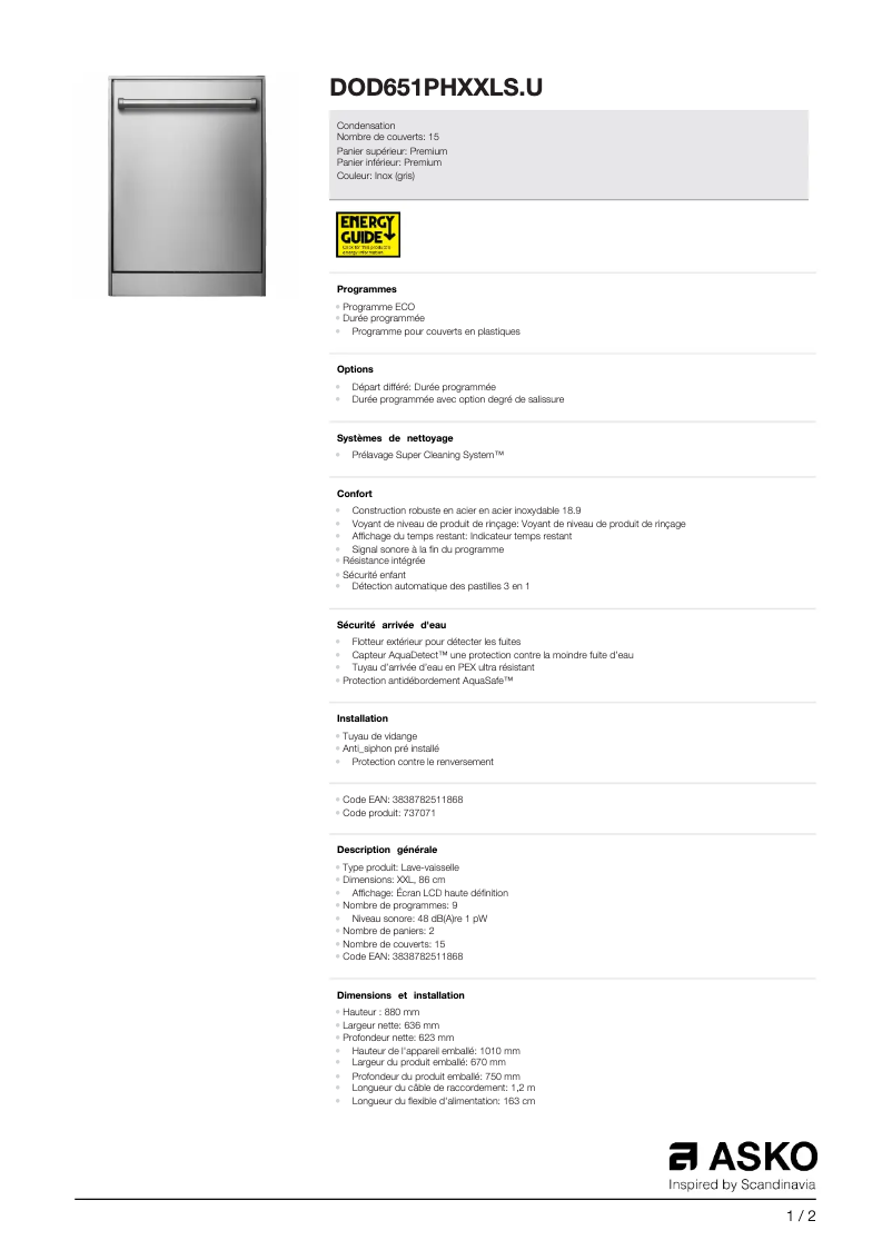 Page n°1 - Fiche technique Asko DOD651PHXXLS.U