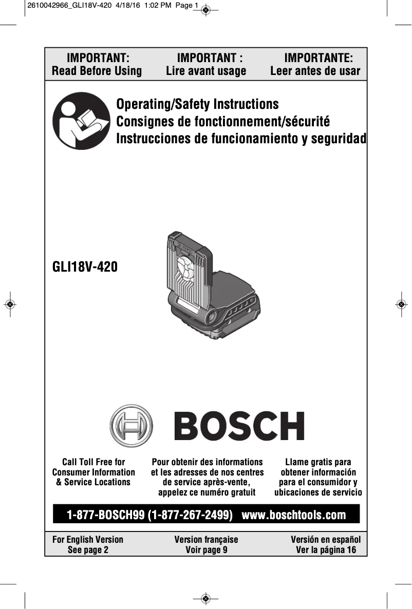 Page 1 de la notice Manuel utilisateur Bosch GLI18V-420