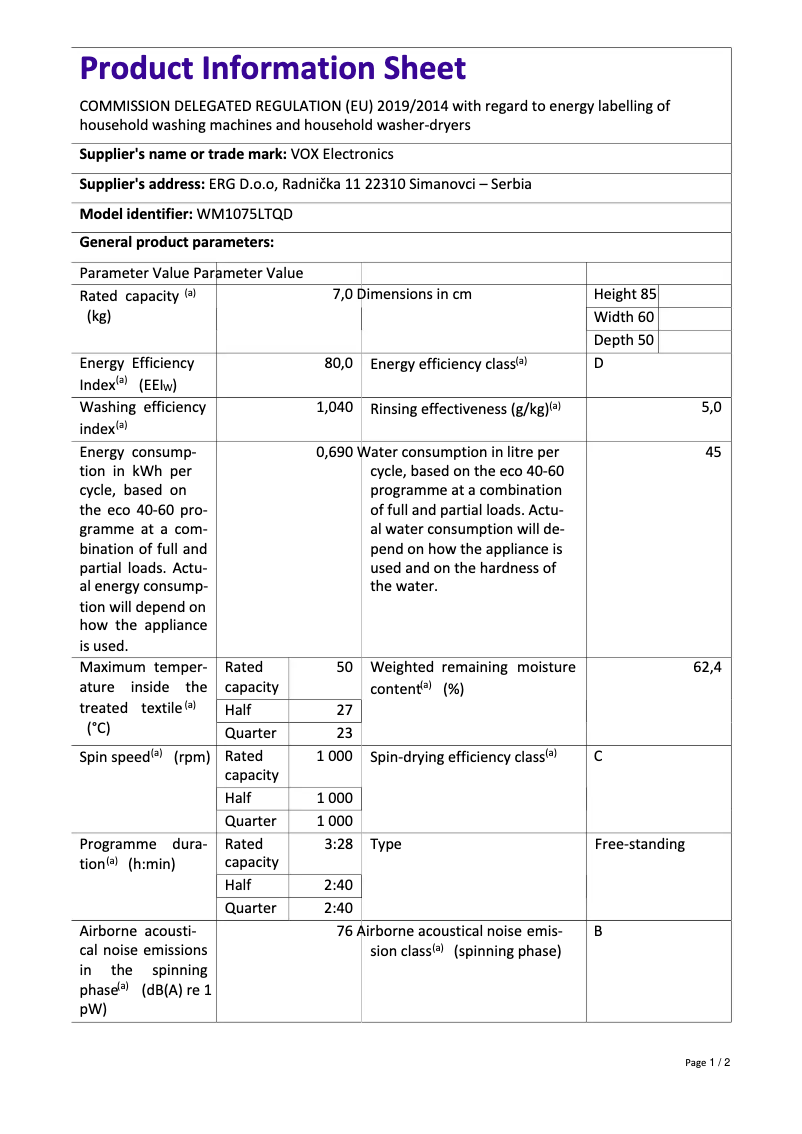 Page 1 de la notice Fiche technique VOX WM1075-LTQD