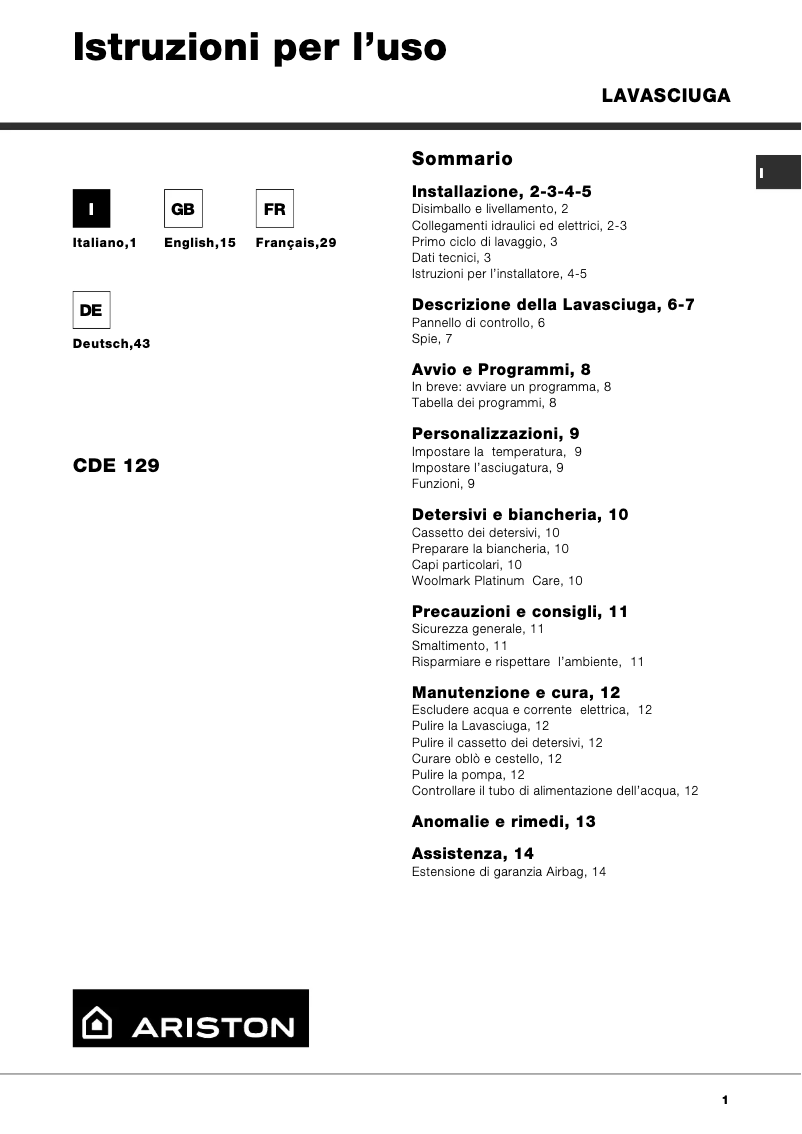 Page n°1 - Manuel utilisateur Ariston Thermo CDE129