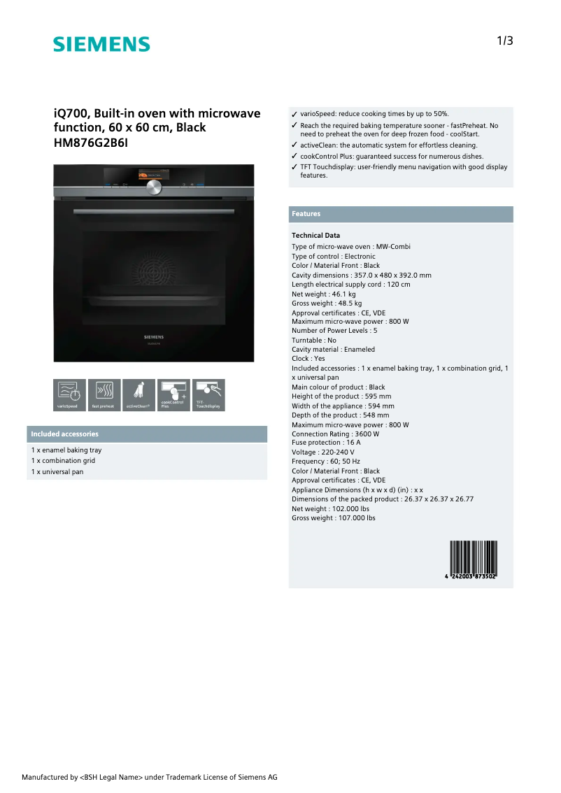 Image de la première page du manuel de l'appareil HM876G2B6I